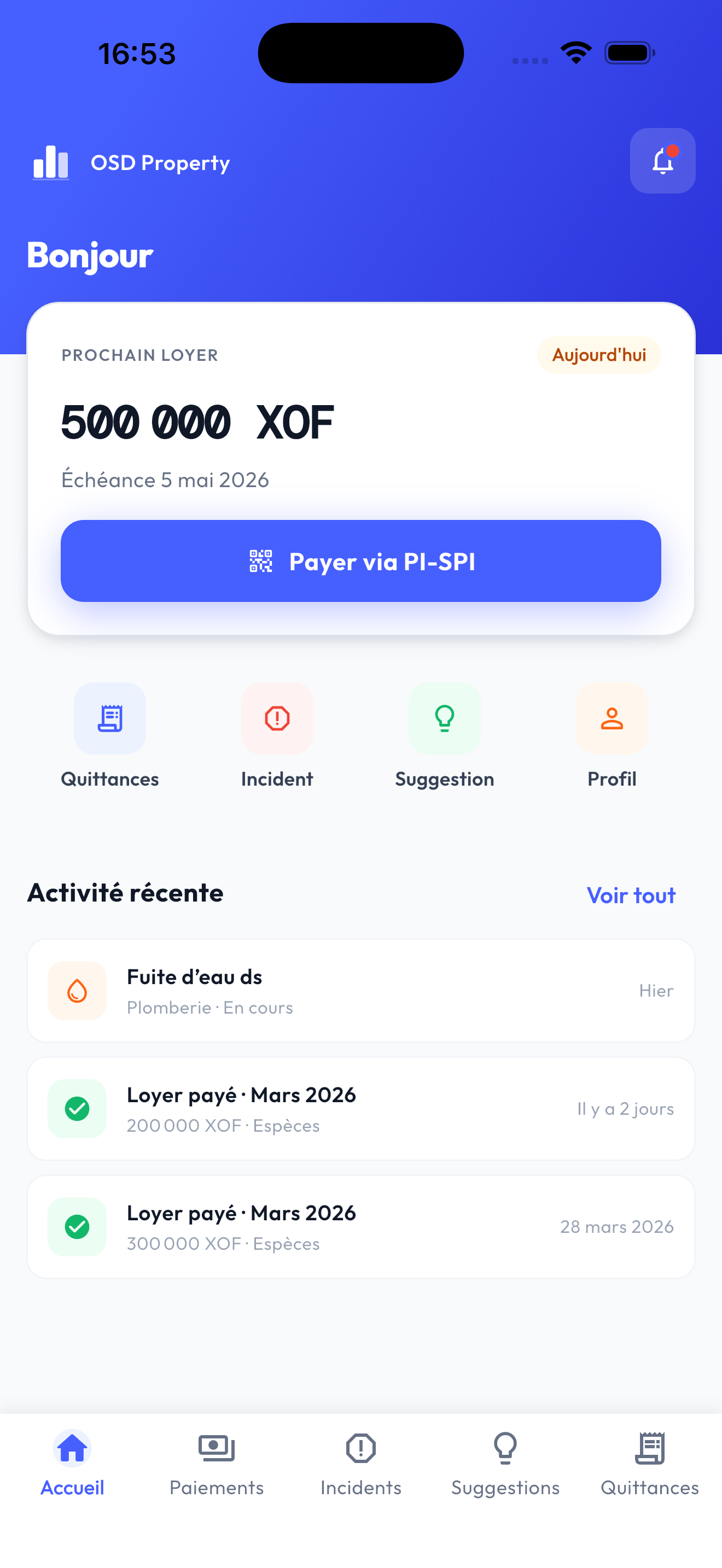 Écran d'accueil — app locataire OSD Property