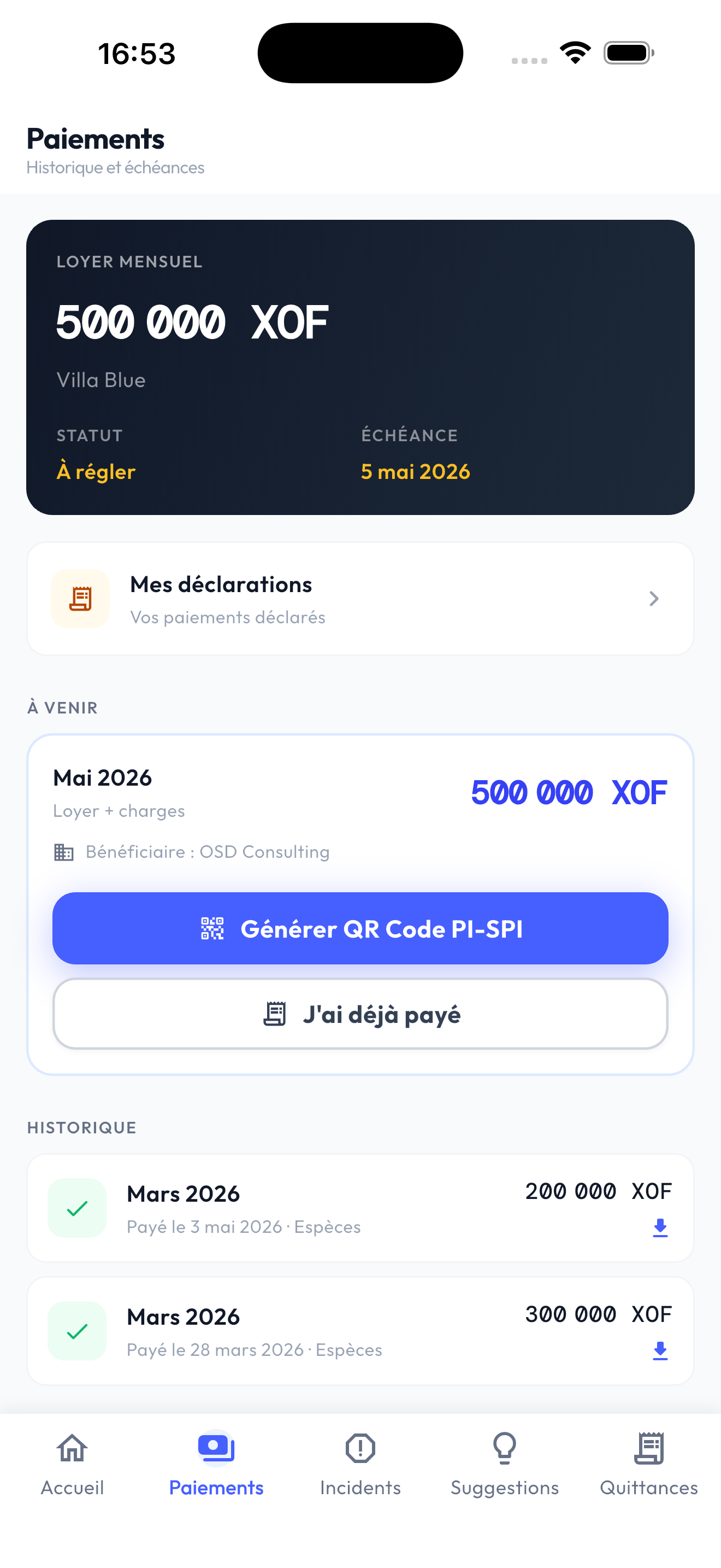 Écran paiements et échéances — app locataire OSD Property