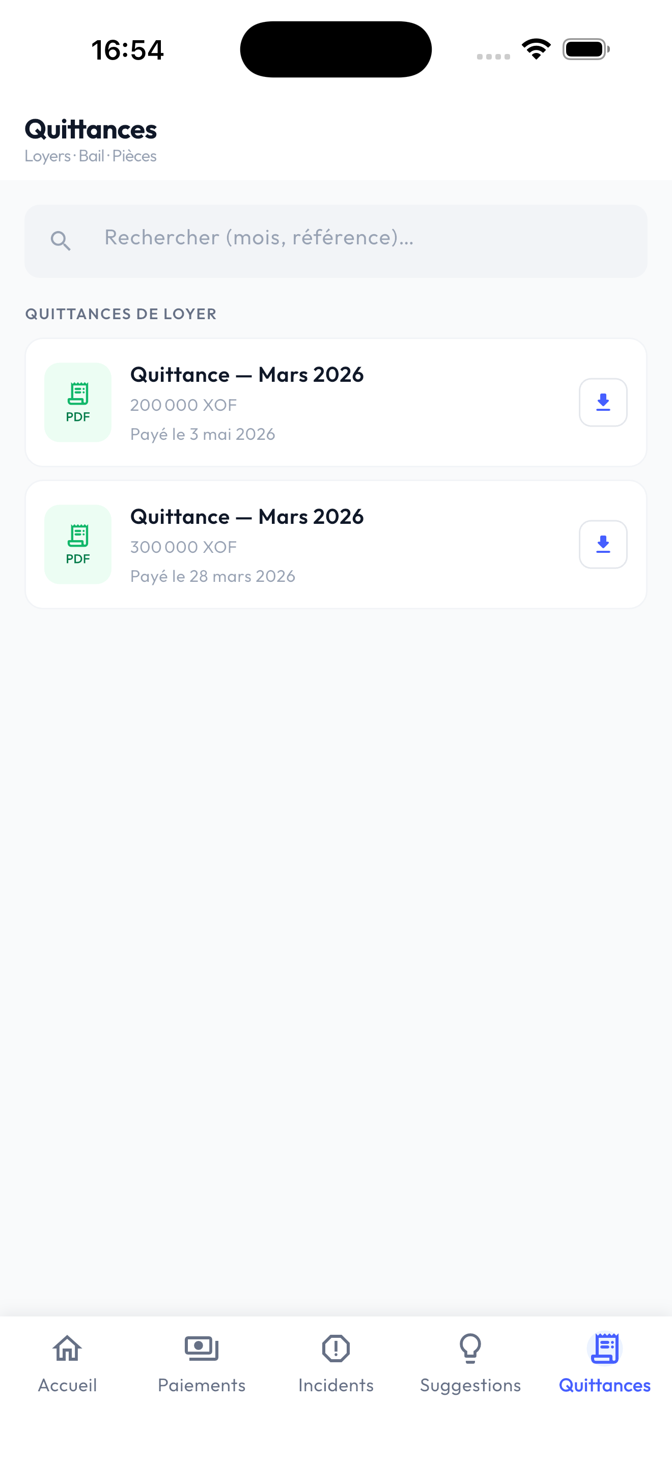 Écran des quittances PDF — app locataire OSD Property