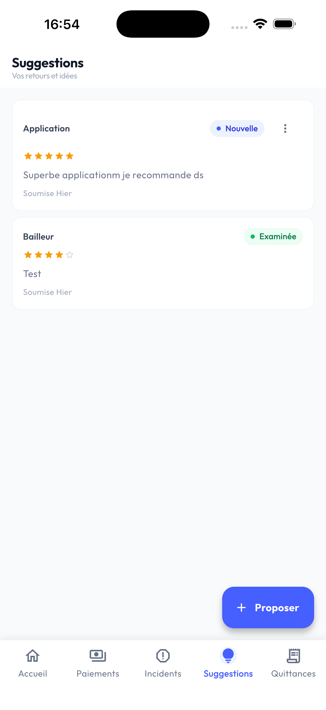 Écran suggestions et avis — app locataire OSD Property